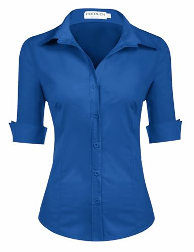 Hotouch Chemisier pour Femme Coton à Manches Courtes Chemise Classique Boutonnée Shirt Top Décontracté Col en V Blouse Solide Élégant Business Tops Chemise de Travail Bleu foncé XL