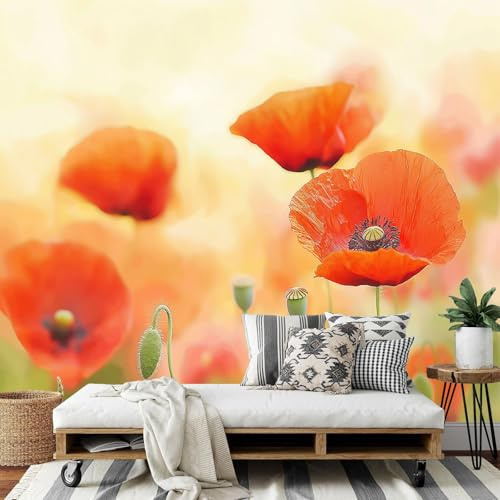 DLERFLOVR 3D Papier Peint Fleur De Pavot Rouge - Champ De Fleurs Fantastique Papier Peint Panoramique Papiers Mural pour Salon Chambre Chambre D'Enfant Décoration Murale