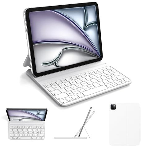 Étui Clavier pour iPad Air 11 Pouces M3 2025/M2 2024, Air 4e et 5e génération & iPad Pro 11 Pouces 1re, 2e, 3e, 4e génération (2018-2022),Smart Folio,Ultra-Mince,Connexion magnétique,AZERTY, Blanc