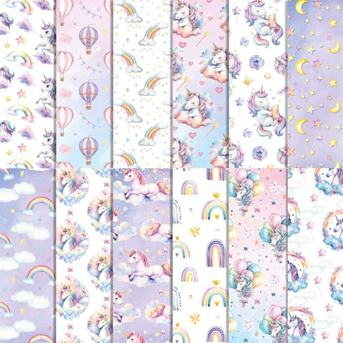 24 Blatt Scrapbook Papier Einhorn Muster, Doppelseitige Dekorpapier für Decoupage, Origami, DIY Fotoalbum, Craft Bastelpapier Journal Motivpapier 30x30cm