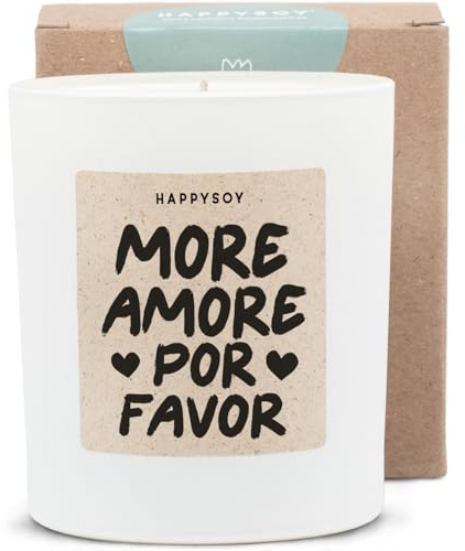 HAPPYSOY Duftkerze, wundervoller Duft, More Amore Por Favor Spruch, Geschenk für Freundin & Mama, nachhaltige Sojawachs Kerze, weißes mattes Glas, über 60h Brenndauer