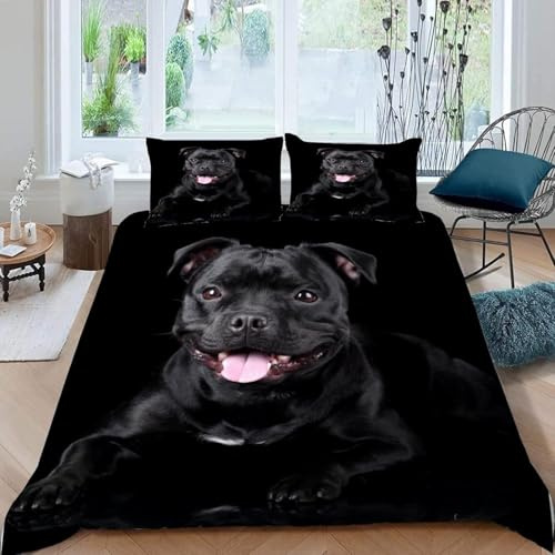 Staffordshire Bullterrier Bettwäsche 135x200 3D Drucken Schwarzer Hund Bettwäsche-Sets Weiche Kuschelig Mikrofaser Bettbezug mit 2 Kissenbezüge 80x80 cm mit Reißverschluss G.289