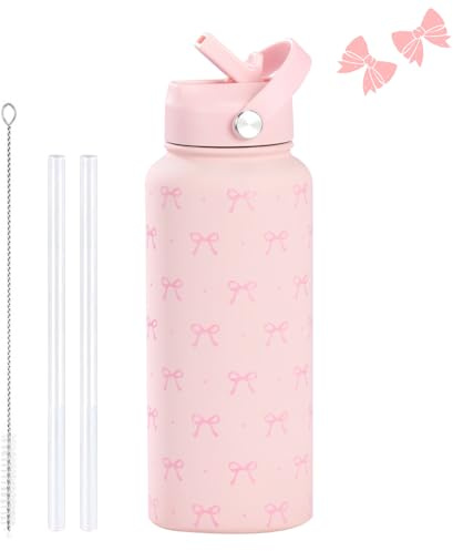 Nzkeuf Ribbon Pink Bow Water Bottle, Thermosflasche with Straw and Handle, Stainless Steel Pink Girls Water Bottle for School, Travel, Gym, Easter, Mother's Day 800ml (28oz)