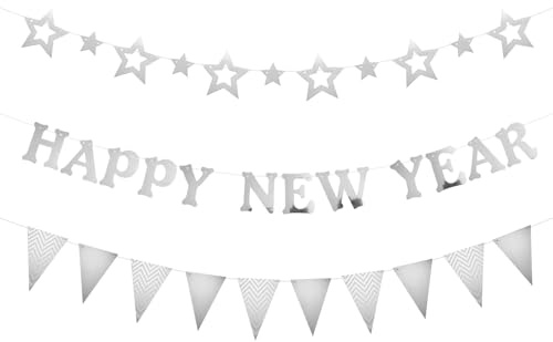 Glitzer Happy New Year Girlande, 2026 Silvester Neujahr Dekoration, Happy New Year Girlande Party Hintergrund Deko, Frohes Neues Jahr Deko, Silvesterparty für Drinnen Draußen (Silber)
