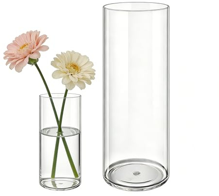 MELEJIA Acryl Blumenvase 2 Teiliges Set, Bruchsichere Transparente Zylindervase, Modern Acryl Vasen zur Dekoration, Vase für Hochzeiten, Wohnzimmer, Büro, Hausdekoration-(10 x 20 cm und 15 x 40 cm)