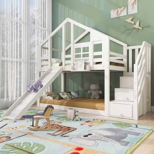 ZIDEY Etagenbett mit Rutsche und Stauraum Treppe, Kinderbett Hausbett mit Lattenrost & Geländer, Stockbett Baumhaus Holzbett Hochbett, für Jungen, Mädchen, Ohne Matratze, Weiß