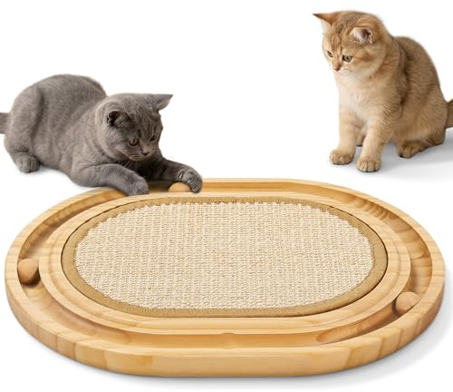 Gimars Interactif 2-en-1 Griffoir pour Chat sisal Ovale, Circuit de Balle en Bois avec 3 Billes Roulantes, Tapis griffoir Chat Anti-Dérapant & Jouet d'Éveil pour Chaton et Petit Chat