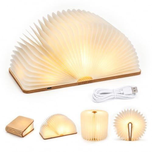 Vexnaro LED Buchlampe, Faltbare Buchlicht, Stimmungsbeleuchtung mit 3 Lichtmodi, 360° Faltbar Nachttischlampe, USB Aufladbar, Geschenk Tischlampe für Freundin, Familie, Buchlampe Holz für Home Decor