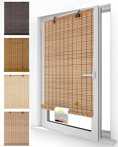 Sol Royal Bambus Rollo ohne Bohren Holz Jalousie Fenster innen Sichtschutz | 110x160cm 110cm breit Teak Holzrollo Holzjalousie Raffrollo Sonnenschutz Bambusrollo Wohnzimmer Verdunkelung BR7