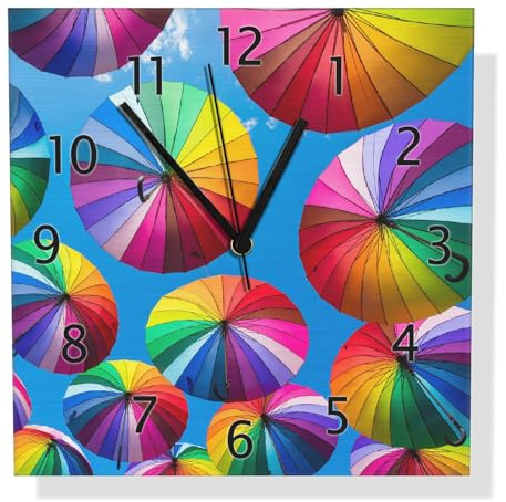 Wallario Design Wanduhr Bunte Regenschirme vor blauem Himmel aus Aluverbund, Alu-Uhr Größe 30 x 30 cm, Schwarze Zeiger mit Metalloptik