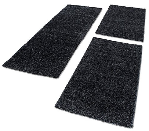 HomebyHome Bettumrandung Schlafzimmer 3 teilig Teppich Anthrazit - Waschbarer Bettumrandung Teppich Läufer Set Extra Flauschig Bettvorleger Schlafzimmer Bettset:2 St. 60x110 cm | 1 St. 80x150 cm