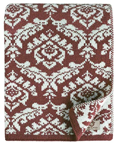 Linen & Cotton Jacquard Decke Wolldecke Gestrickt Caressa Damast Muster - 100% Reine Neuseeland Wolle, Bordeaux Rot/Weiß (135 x 180cm) Kuscheldecke Strick Sofadecke Strickdecke Plaid Couch Sofa