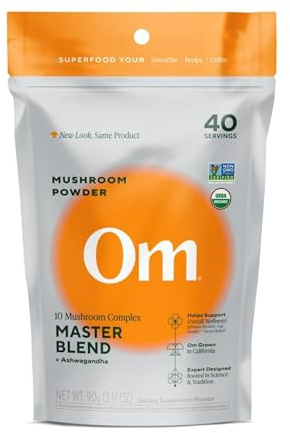 Om Master Blend Mushroom Powder – Organic Mushroom Supplement with 10 Mushrooms and Ashwagandha - Support Immunity, Gut Health & Stress Relief, 3.17 oz (40 Servings)