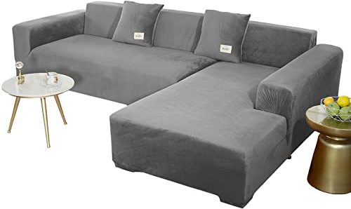 JHLD Sofabezug L Form, Stretch Sofabezug Samt L-förmiger Sofabezug Weiche Anti-rutsch Sofa Überwürfe Für Ecksofa-Dunkelgrau-2 Sitzer+2 Sitzer