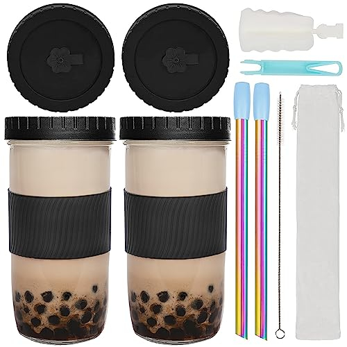 ZgoEC 2 Pack Reusable Bubble Tea Glass Cups with Lids and Straws - 24oz Leakproof Tumbler Glasses for Drinks - Drinking Cups for Iced Coffee Smoothie Juice - Gift for Bubble Lovers (Black)
