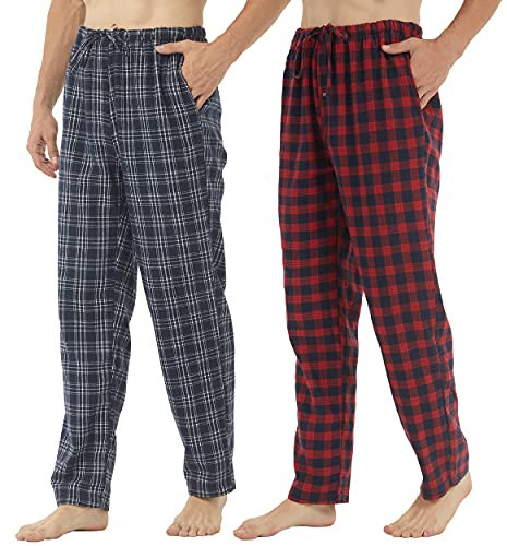 YUSHOW Confezione da 3 pantaloni da pigiama da uomo in flanella, in morbido cotone, a quadri, pantaloni invernali caldi, comodi con tasche, Confezione da 2 strisce nere e strisce blu navy, XL