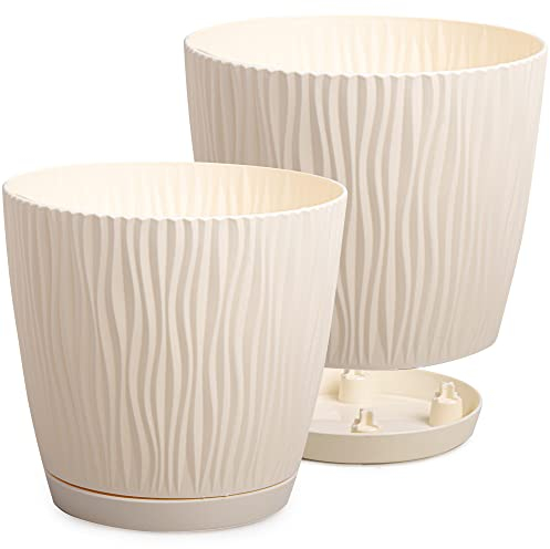 PECZEKO Pots de Fleurs Mats - Pots de Plantes Décoratifs pour Fleurs et Herbes - Pots de Plantes Ronds en Plastique Durables et Légers - Lot de 2 - (Crème, ø 15 cm)