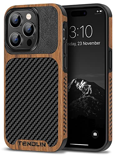 TENDLIN Compatible with iPhone 14 Pro Max Case Wood Grain with Carbon Fiber Texture Design Leather Hybrid Slim Case Black