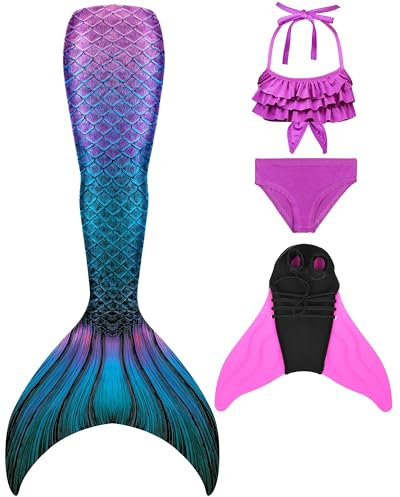 DNFUN meerjungfrauenflosse mädchen Badeanzug - Meerjungfrauenschwanz Schwimmen für Kinder Meerjungfrau Flosse Bademode mit Bikini Set und Monoflosse Mermaid Tail
