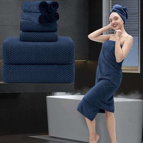 Bathroom Towel Set 8 Pieces 2 Oversized Bath Towels, 2 Hand Towels & 4 Washcloths 600gsm Ultra Soft Luxury Highly Absorbent Quick Dry Hotel Towel Collection Navy Blue