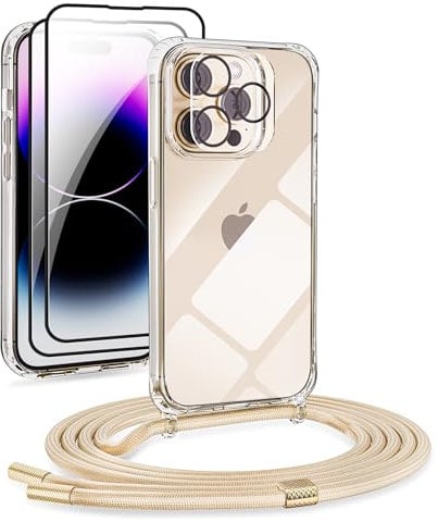 [5 in 1] 1*Handykette Set für iPhone 11 Pro Hülle mit Band + 1*Transparent Schutzhülle+2*Schutzfolie+1*kameraschutz Glas, Abnehmbar Necklace Stylische Handyhülle zum Umhängen Kordel Case (Gold)
