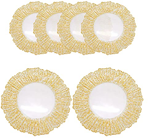 WedDecor 33cm Round Charger Plate, Set of 6 Charger Plates, for Centerpiece Presentation Dinner Plate Set, Weddings, Banquets, Christmas Parties Table Decorations, Golden Crackled