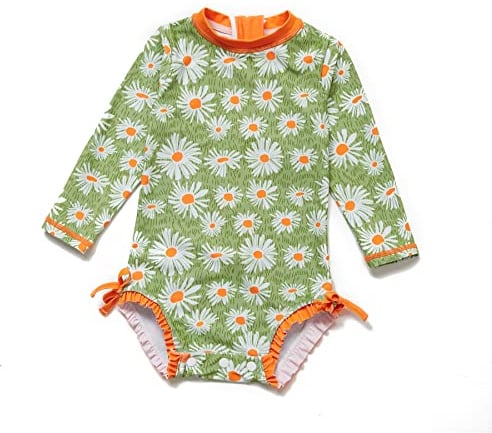 ADAVERANO Baby Mädchen Einteiliger Rashguard UV 50+ Sonnenschutz Lange ärmel Reißverschlüsse Badeanzug mit Sonnenhut.(Die Chrysantheme,86-92Cm)