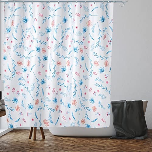 VIROSA Blue/Pink Floral Shower Curtain Anti Mould, Mildew Resistant | Size 180x180 cm (71 x 71 Inch) | Water Repellent Fabric | 100% Polyester