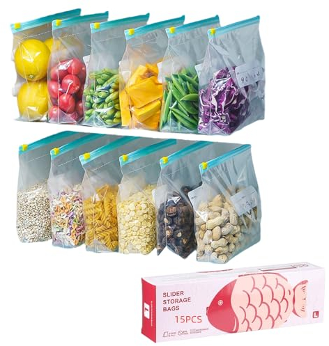 15 sacchetti con chiusura lampo, sacchetti per alimenti per congelatore, richiudibili, con chiusura a zip e fondo espandibile, adatti per congelatore e microonde
