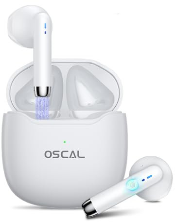 OSCAL Hibuds 5 Mini Bluetooth Wireless Headset 5.3 Quick Connect with Touch Control, IPX7 Waterproof Wireless Sports Headset for iPhone/Samsung/Android (White)