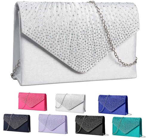 Fililogor Pochette Donna Argento Pochette da Sera, Chiusura a Busta Pochette Donna Matrimonio, Borse a Tracolla da Donna Elegante con Tracolla per il Ballo di Fine Anno, la Festa (Argento)