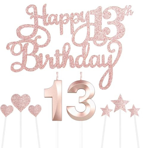 Personalised Rose Gold Happy 13th Birthday Cake Topper with Number 13 Birthday Candles and Star Cupcake Toppers - Cake Decorations Set for Her or Him - (Set of 9)