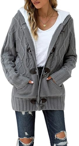Chunky Hooded Cardigans For Women,Grey Cable Fleece Lined Knitted Cardigans Open Front Horn Buckle Ladies Sweater Coat Winter Warm Jacket Knitting Jumpers Outerwear