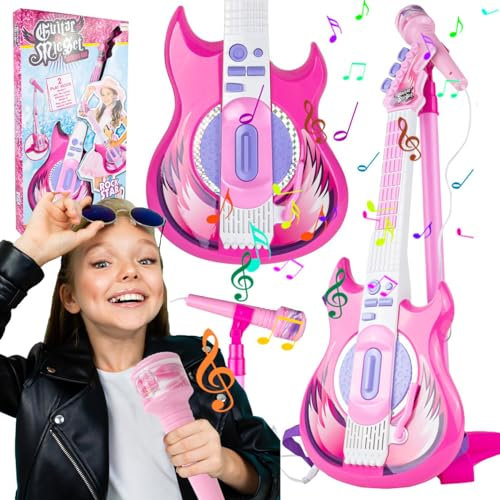 Malplay Kit guitare rock électrique + microphone trépied | Jouet musical | Enfants à partir de 3 ans | Musicien, chanteur | Support de microphone réglable en hauteur