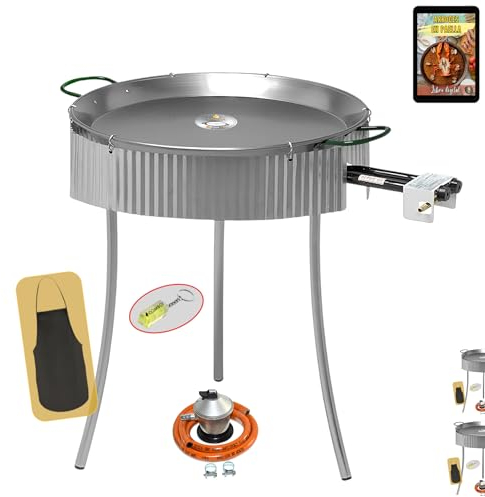 COMBOI Paellero gas butano 50 CM, Paellera de 60 CM, Kit Quemador, Regulador de gas, Manguera, Patas Tripode, Paravientos, nivel, delantal, Libro de Recetas digital (KIT Paellero 50 CM + PARAVIENTOS)