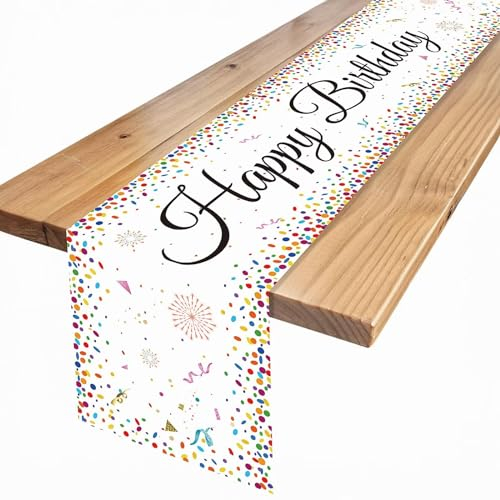Table Tischläufer Geburtstag, Geburtstag Tischläufer Weiß Tischdeko Geburtstag, Happy Birthday Tischläufer Tischdecke, Tischdekoration Geburtstag für Frauen Männer Geburtstag Dekoration, 180 x 35 cm
