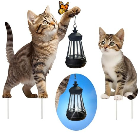 VividLadybug Garten Metall Katzenstecker mit Solarlicht Außen Solar Dekoration Katze Handheld Laterne für Outdoor Garten Rasen Terrasse 2 Stück