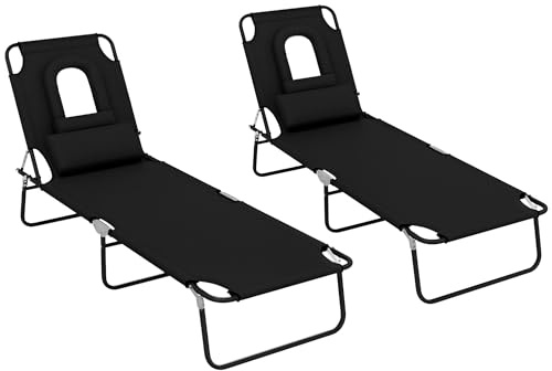 Outsunny Folding Sun Loungers Set of 2 with Face Hole, 4-Position Adjustable Backrest Garden Recliner Chairs Sunbeds, Outdoor Lounge Chairs with 600 D Oxford Cloth Seat, Pillow for Beach, Black