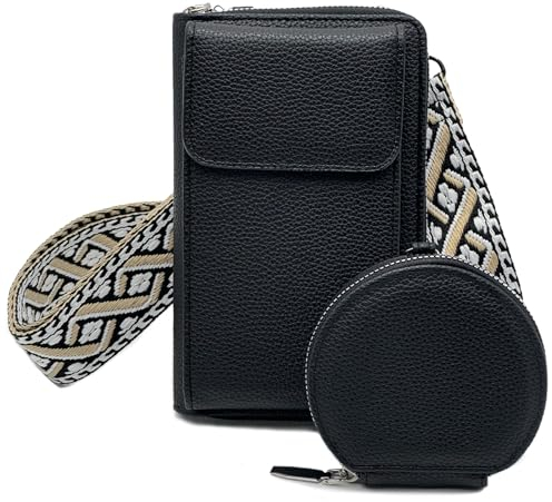 Sunolkie Sac à Bandoulière pour Téléphone Portable Femme - Petit Sac à Bandoulière Stylé pour Femme avec Large Bandoulière en Cuir et Porte-Monnaie (Noir, Régulière)