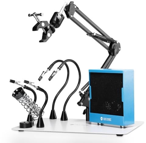 SainSmart Magnetic Helping Hands Soldering & Solder Fume Extractor Combo, 2-in-1 Soldering Station with 360 Hot Air Gun Holder, Heavy Duty Base Plate, Flexible Arms, and Iron Stand, Third Hand Tool