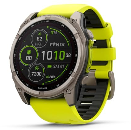 Garmin fēnix® 8 – 51 mm, Solar, Sapphire, Premium Multisport GPS Smartwatch, Long-Lasting Battery Life, Dive-Rated, Built-in LED Flashlight, Titanium with Amp Yellow/Graphite Band