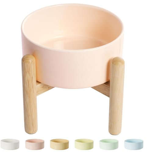 Elevated Ceramic Dog Food Bowl - Raised Feeding Bowl with Wooden Stand - Pet Dish for Small and Medium Dogs - Candy Colors - 2 Cups / 27 fl oz / 800 ml - Pink