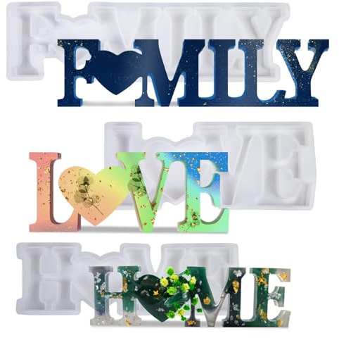 3 Stück Epoxidharz Formen Buchstaben Set, Resin Gießharz Silikonform Kit 3D Harz Gießen Formen Set 3D Silikonform Love Home Family Live, für DIY Schmuck, Home Dekoration und Tisch Dekoration