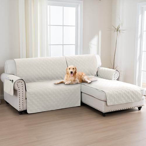 BellaHills 100% Wasserdicht Sofabezug L Form (205cm) Sofa Überzug für Kinder Hunde Katze, Weicher Sofabezug rutschfest Sofa Auflage, Beige
