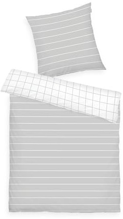 TOM TAILOR Renforcé-Bettwäsche, 80x80 cm + 135x200 cm, 100% Baumwolle/Renforcé, Mit Wendemotiv und farbigem Markenreißverschluss, Check & Stripes Grau, Weiß (Light Grey & Crisp White)