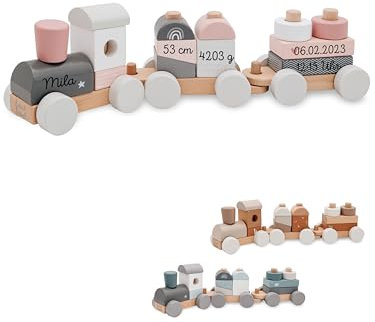 wunderwunsch Personalisierte Holz Eisenbahn Kinder - Geburtstagszug - Zug Baby Eisenbahn - Holzzug Personalisierte Geschenke Baby Spielzeug 1 Jahr Motorikspielzeug (rosa, mit Name)
