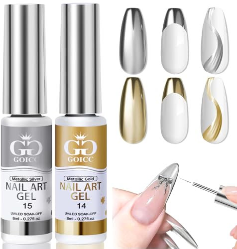 GOICC Chrome Gel Nail Polish 2PCS Silver Gold Metallic Gel Nail Polish Gel Liner Nail Art Polish 3D Nail Gel Mirror Effect For Nail Design Painting Gel Set With Thin Brush Soak off Curing Requires 8ml