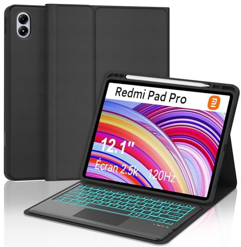 Xiaomi Redmi Pad Pro 12.1 Tastatur Hülle - Xiaomi Pad Poco 12.1 Zoll 2024, Multi Touch Trackpad, 7 Farben Beleuchtung Magnetisch Abnehmbarer Tastatur mit QWERTZ Layout, Schwarz