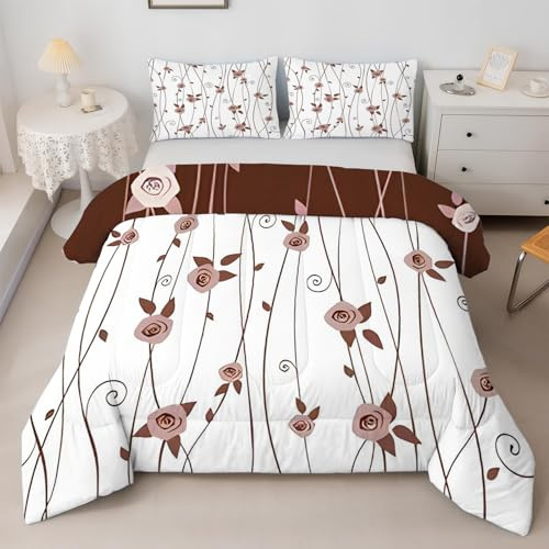 SYHIEGO Couette 240x260 Roses, Imprimée Vignes 4 Saisons pour 2 Personnes, Edredon Plante avec 2 Taies d' oreiller 65x65, Réversible sans Housse
