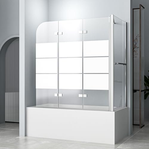 Duschwand für Badewanne 120x140cm 3-teilig Gestreift Faltbar Pendeltür Badewannenaufsatz mit Seitenwand für 70cm, Glas Klappbar Duschabtrennung für Badewanne aus 6mm ESG Sicherheitsglas